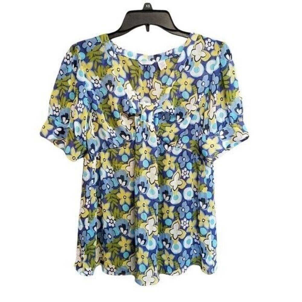 Tomorrow's Mother Womens Sz S Green Blue Floral Short Sleeve Blouse